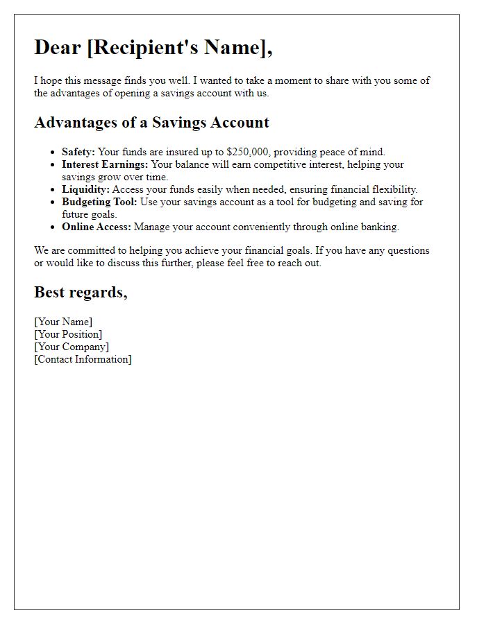 Letter template of Savings Account Advantages Overview