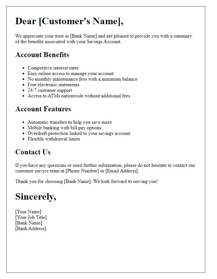 Letter template of Savings Account Benefits Summary