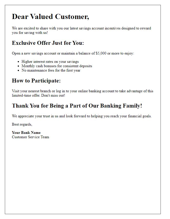 Letter template of Savings Account Incentives for Customers