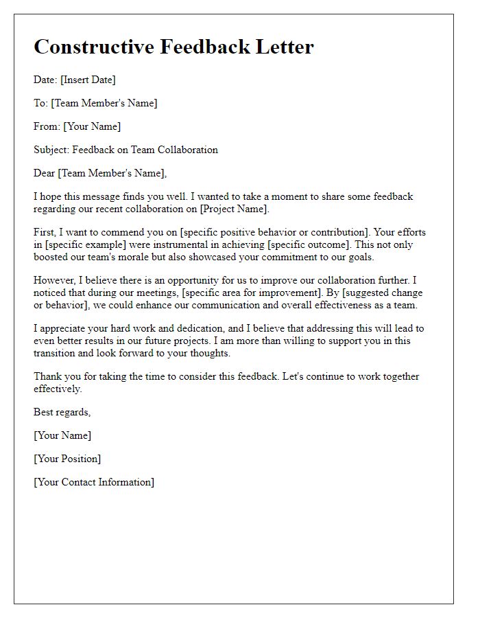 Letter template of constructive feedback for team collaboration.