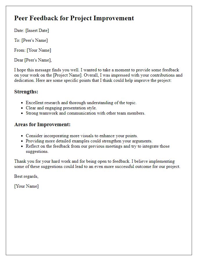 Letter template of peer feedback for project improvement.