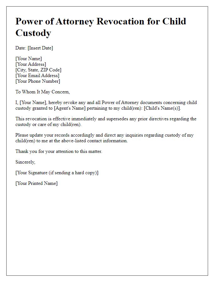 Letter template of Power of Attorney Revocation for Child Custody