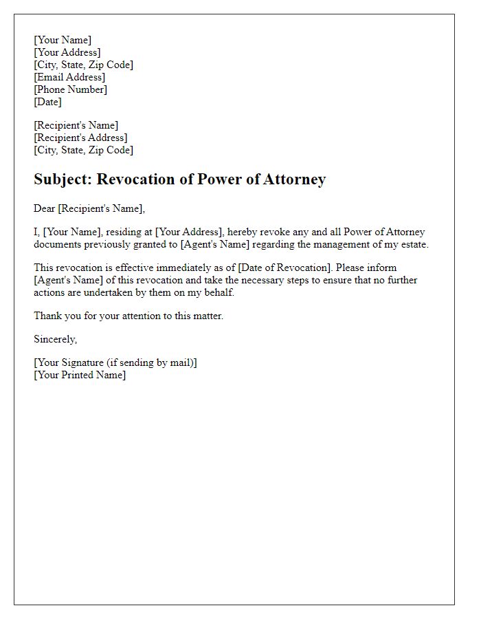 Letter template of Power of Attorney Revocation for Estate Management