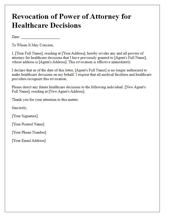 Letter template of Power of Attorney Revocation for Healthcare Decisions