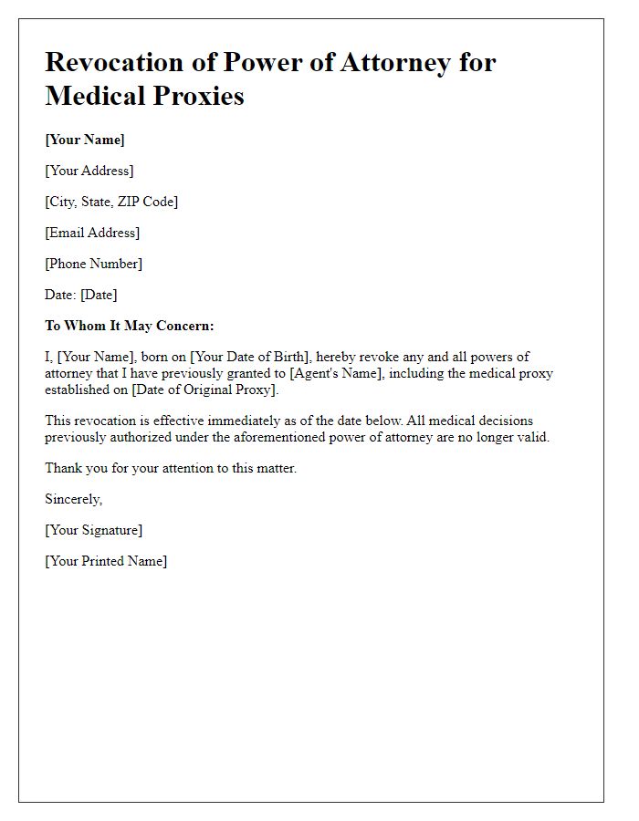 Letter template of Power of Attorney Revocation for Medical Proxies