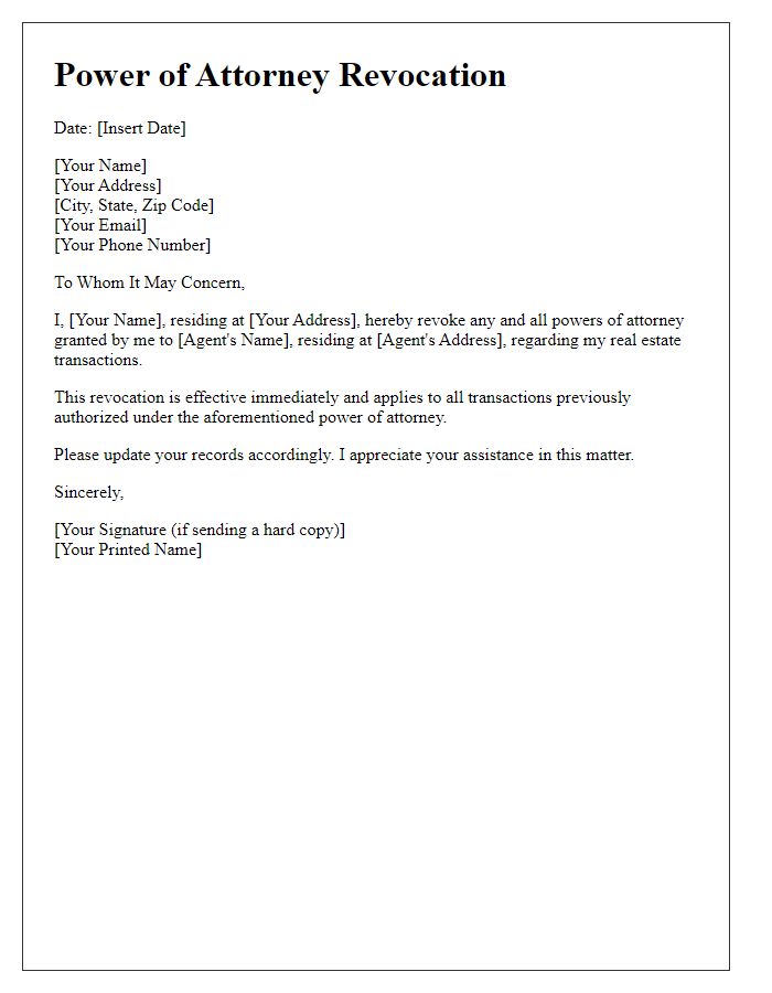 Letter template of Power of Attorney Revocation for Real Estate Transactions