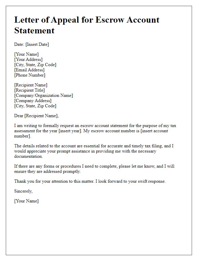 Letter template of appeal for escrow account statement for tax assessment