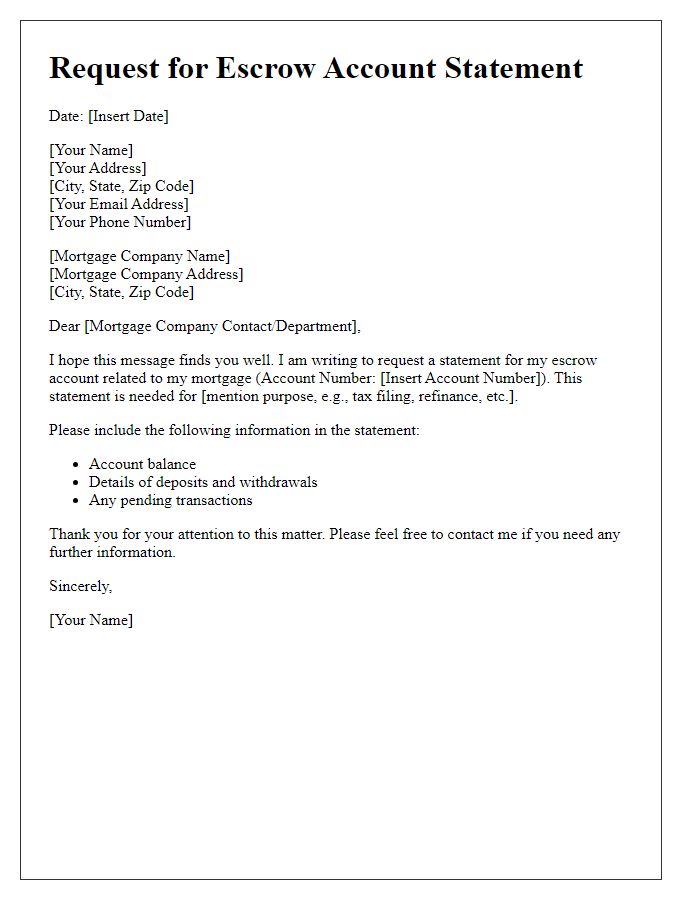 Letter template of request for escrow account statement for mortgage purposes