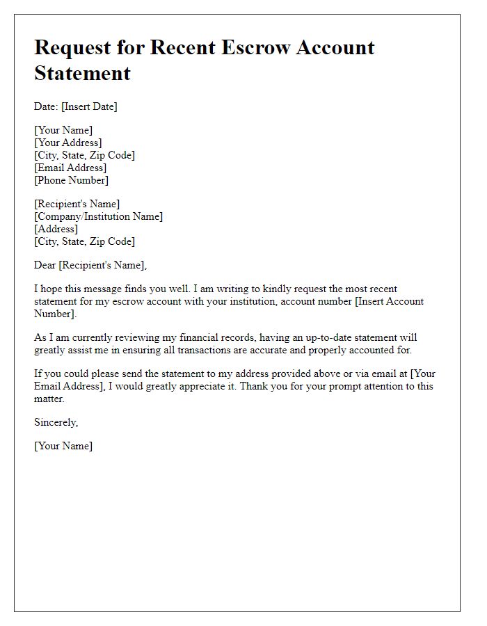 Letter template of solicitation for recent escrow account statement