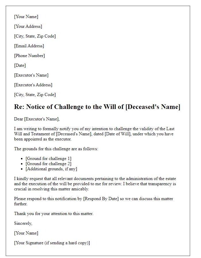 Letter template of notification for challenging a will