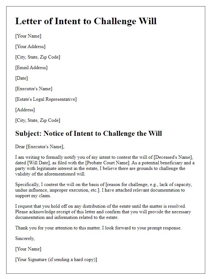 Letter template of will challenge intent communication