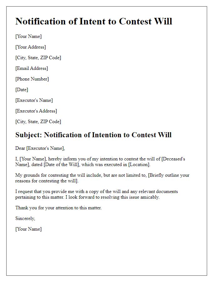 Letter template of will contest intention notification