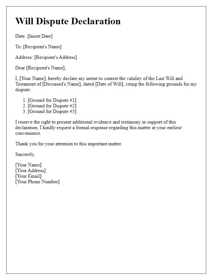 Letter template of will dispute declaration