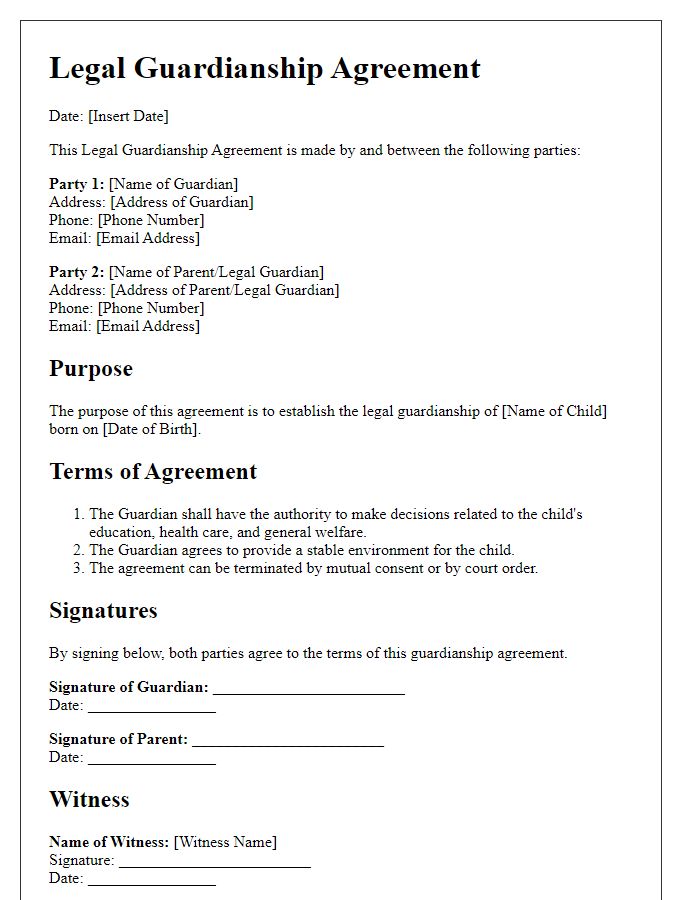 Letter template of legal guardianship agreement between parties