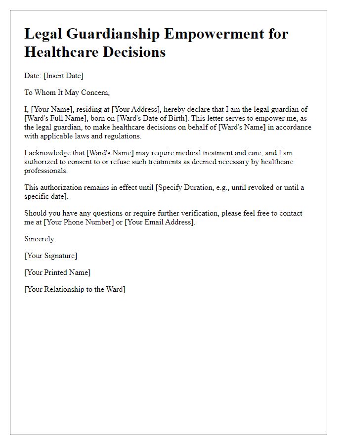 Letter template of legal guardianship empowerment for healthcare decisions