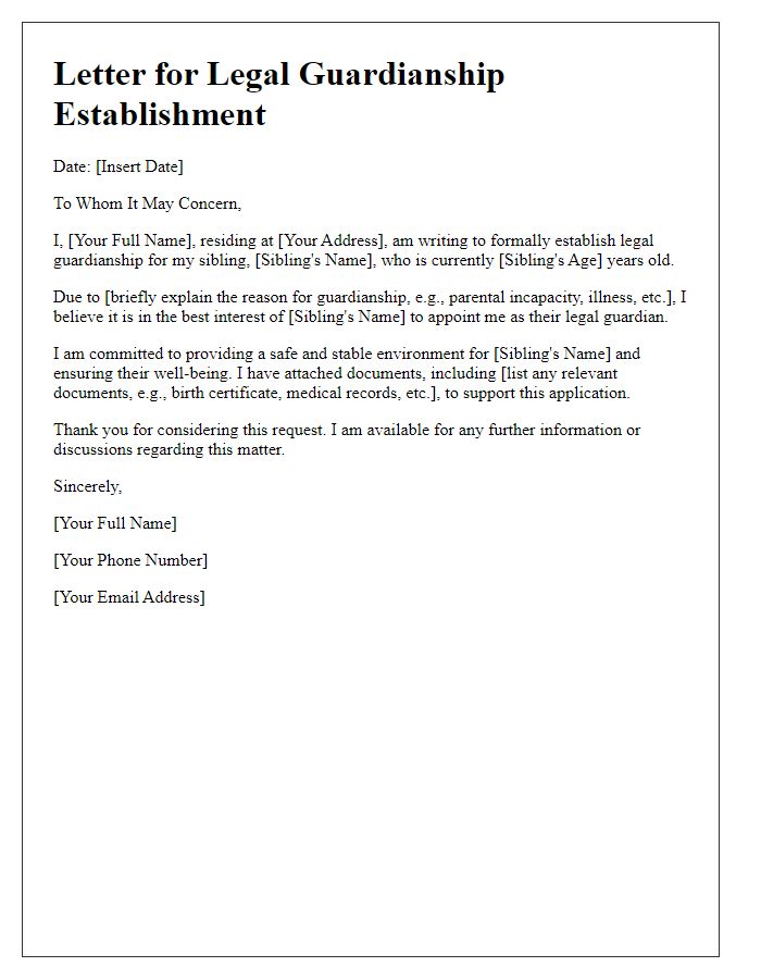 Letter template of legal guardianship establishment for a sibling