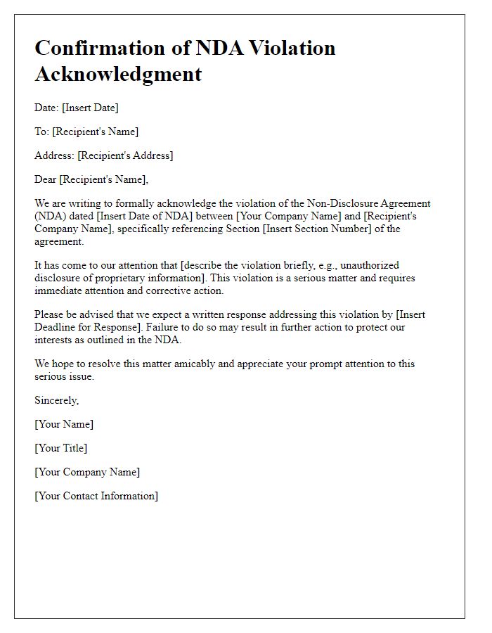 Letter template of Confirmation of NDA Violation Acknowledgment