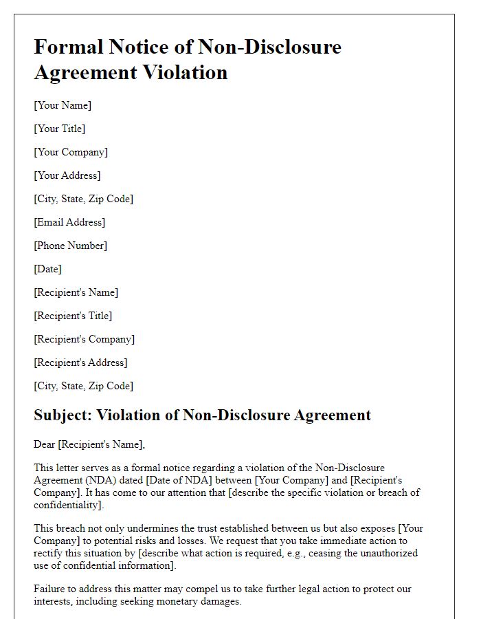 Letter template of Formal Notice for Non-Disclosure Agreement Violation