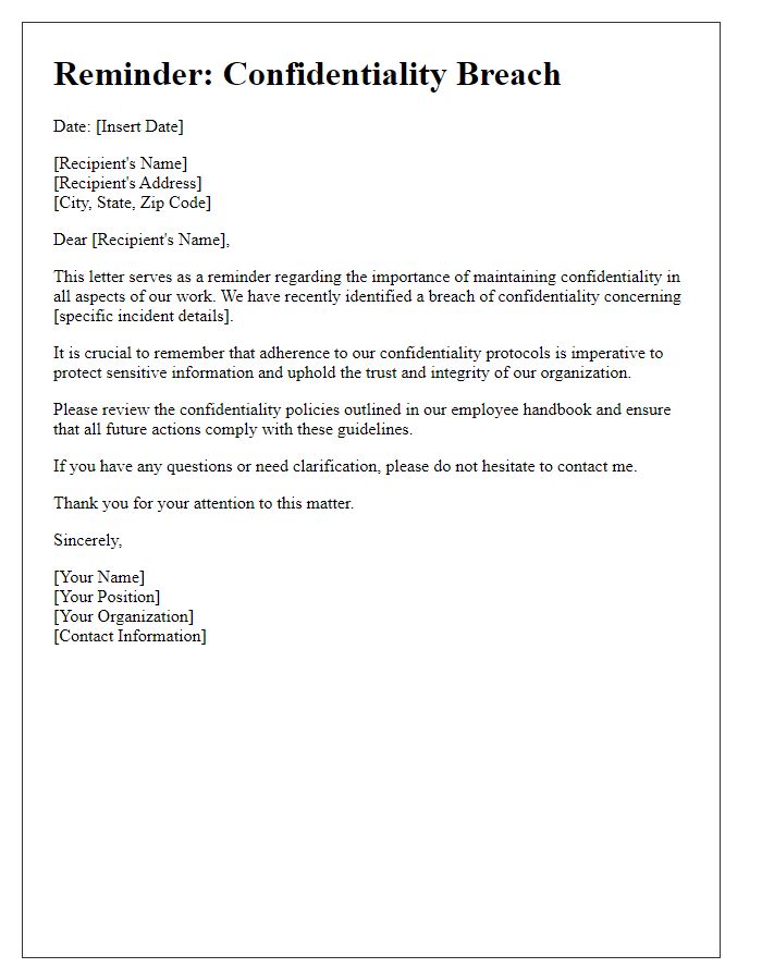 Letter template of Reminder for Confidentiality Breach