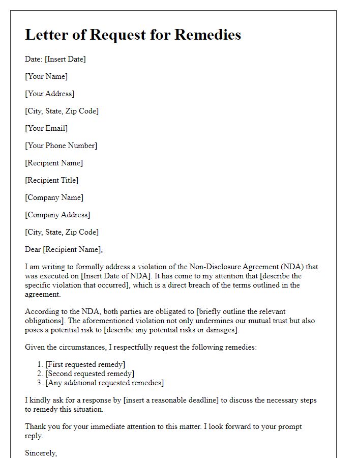 Letter template of Request for Remedies due to NDA Violation