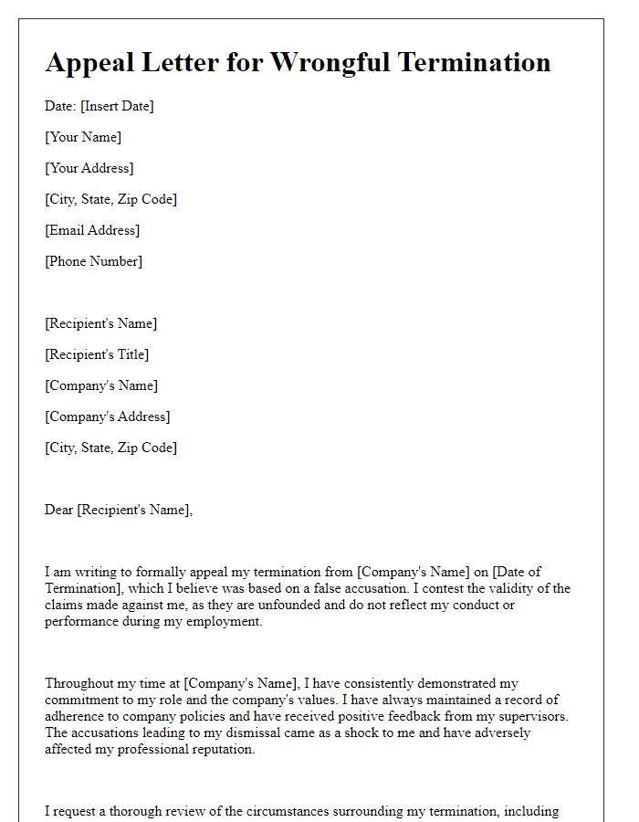 Letter template of wrongful termination appeal after a false accusation.