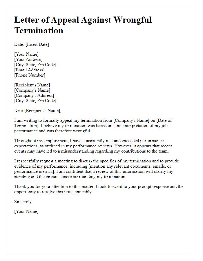 Letter template of wrongful termination appeal concerning job performance misinterpretation.