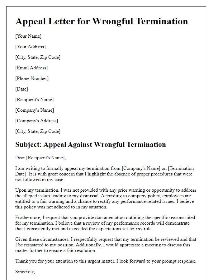 Letter template of wrongful termination appeal highlighting lack of proper procedures.