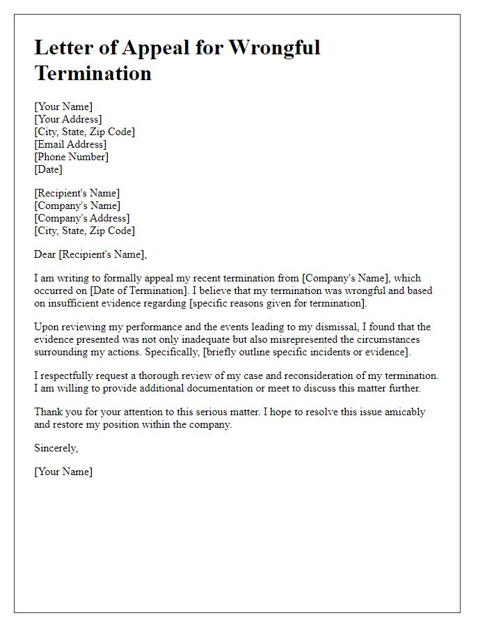 Letter template of wrongful termination appeal involving insufficient evidence.