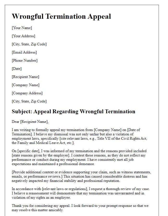 Letter template of wrongful termination appeal referencing relevant employment laws.