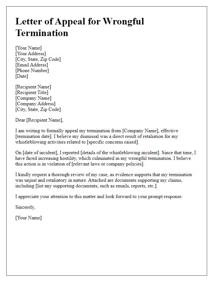 Letter template of wrongful termination appeal for retaliation against whistleblowing.