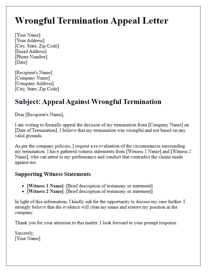 Letter template of wrongful termination appeal with supporting witness statements.