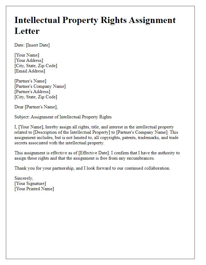 Letter template of intellectual property rights assignment to a business partner