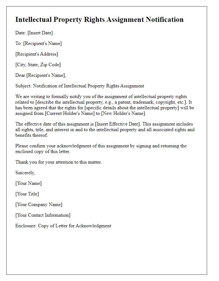 Letter template of intellectual property rights assignment notification