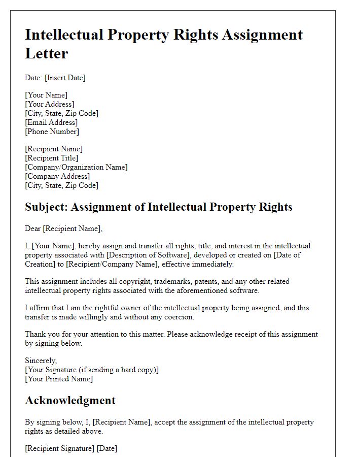 Letter template of intellectual property rights assignment for software