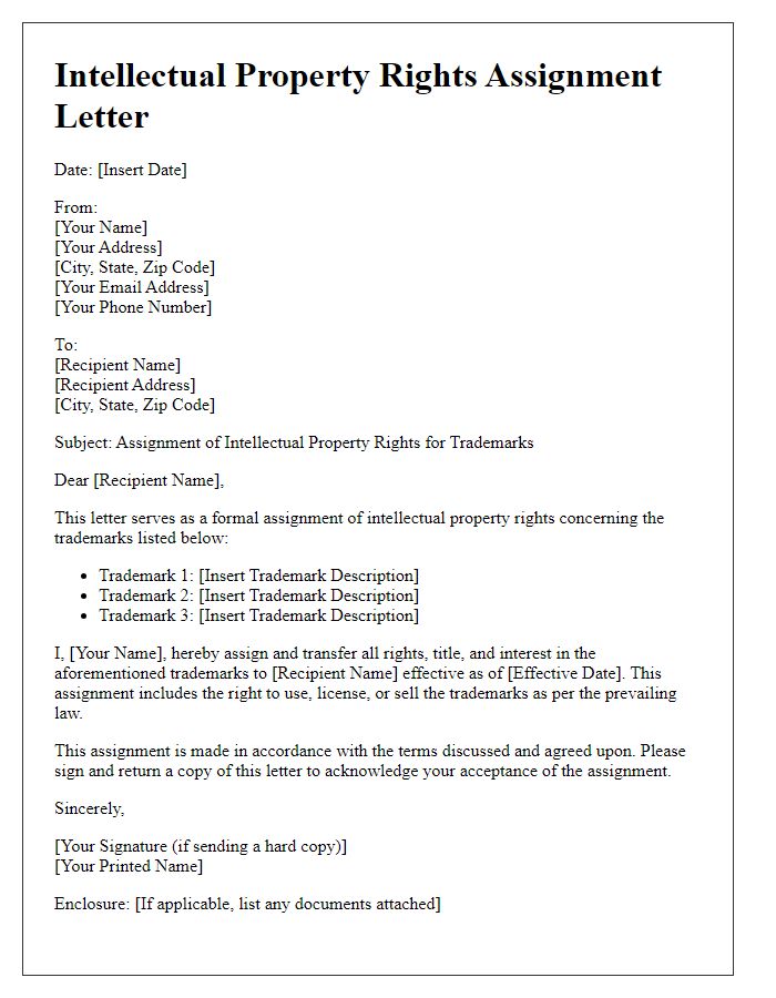 Letter template of intellectual property rights assignment for trademarks