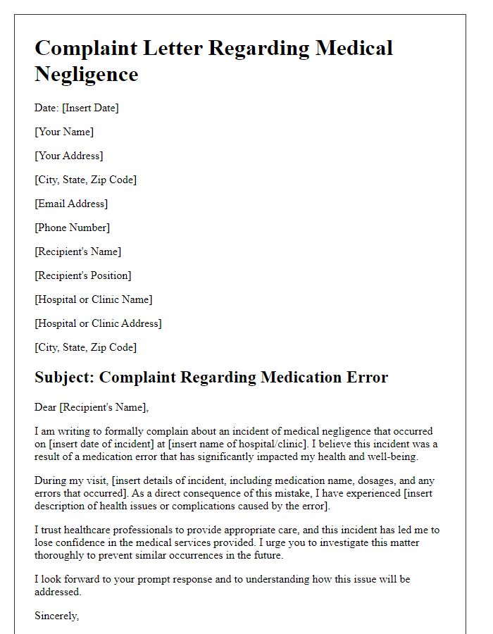 Letter template of medical negligence complaint about medication error