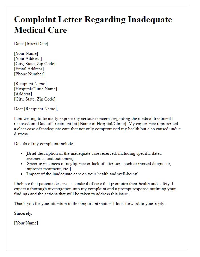 Letter template of medical negligence complaint addressing inadequate care