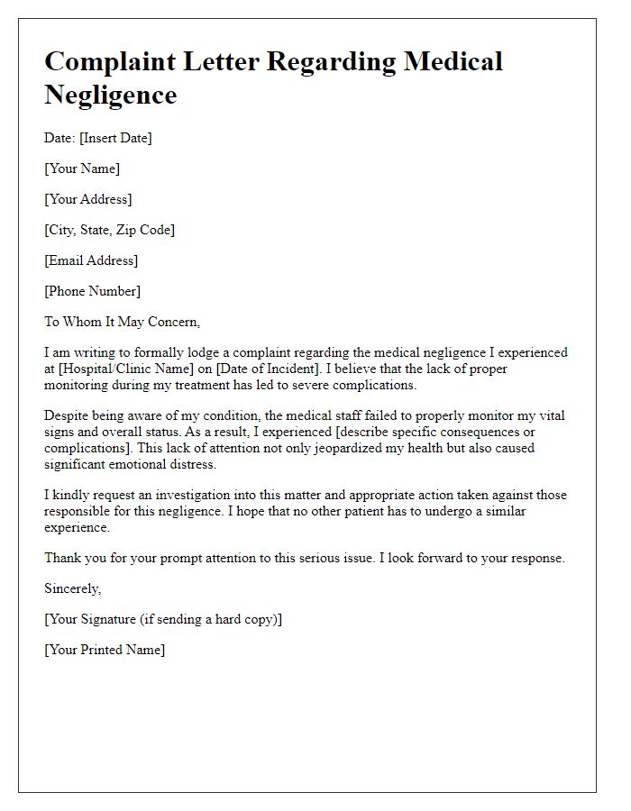 Letter template of medical negligence complaint for improper patient monitoring