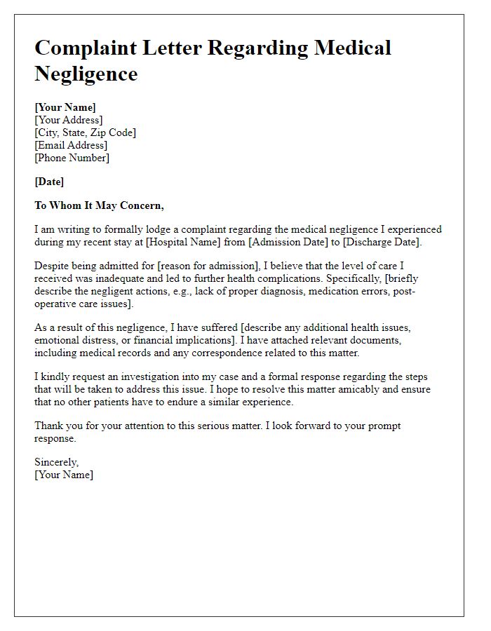 Letter template of medical negligence complaint linked to hospital negligence