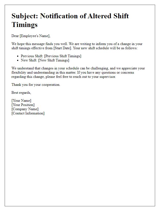 Letter template of altered shift timings