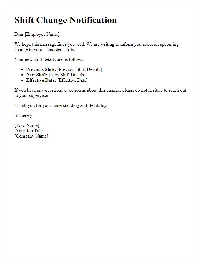Letter template of changes to employee shifts