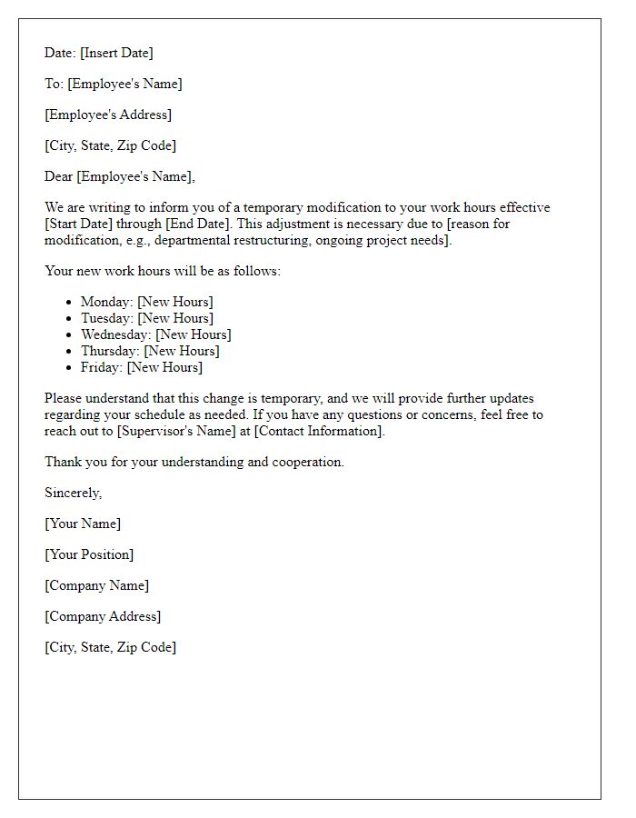 Letter template of modified work hours notice