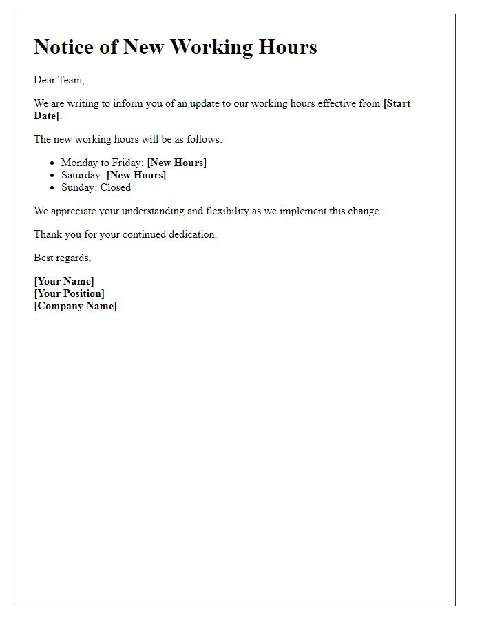 Letter template of new working hours update