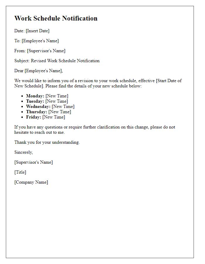 Letter template of revised work schedule notification