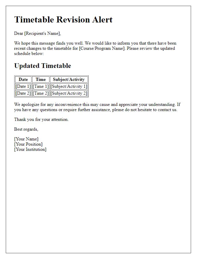 Letter template of timetable revision alert