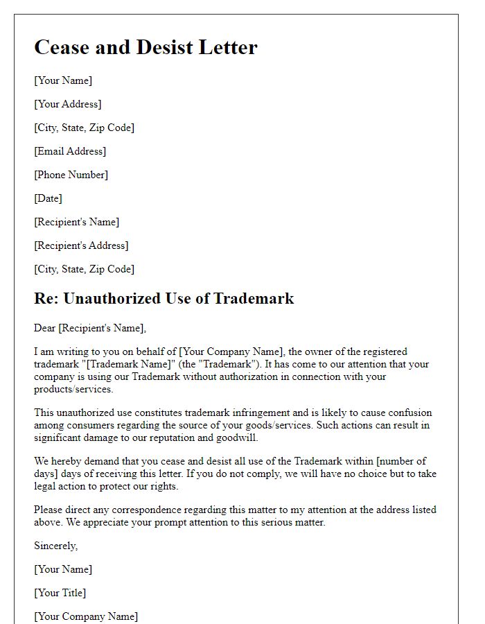 Letter template of trademark misuse cease and desist