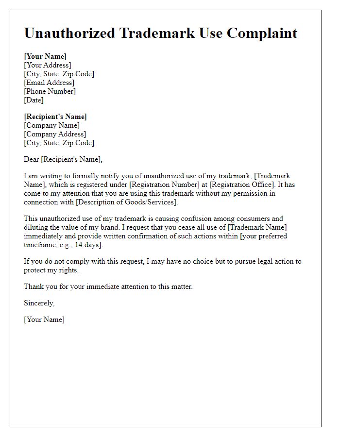 Letter template of unauthorized trademark use complaint