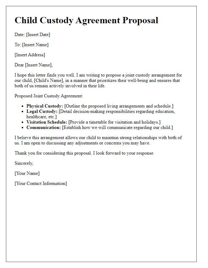 Letter template of child custody agreement proposal for joint custody