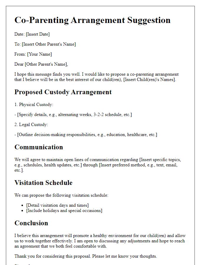 Letter template of co-parenting arrangement suggestion for custody