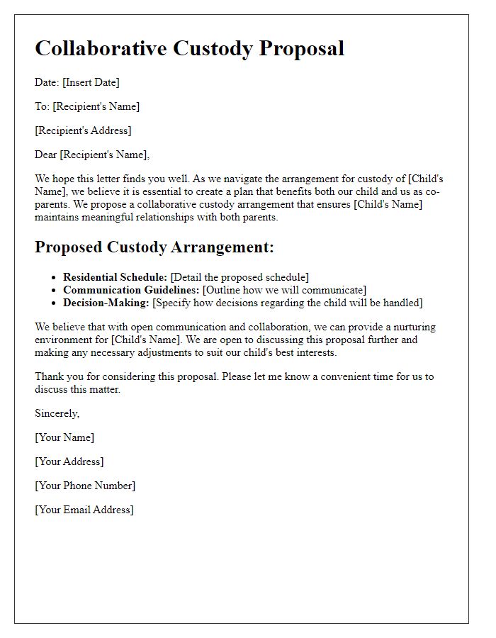 Letter template of collaborative custody proposal for family arrangement